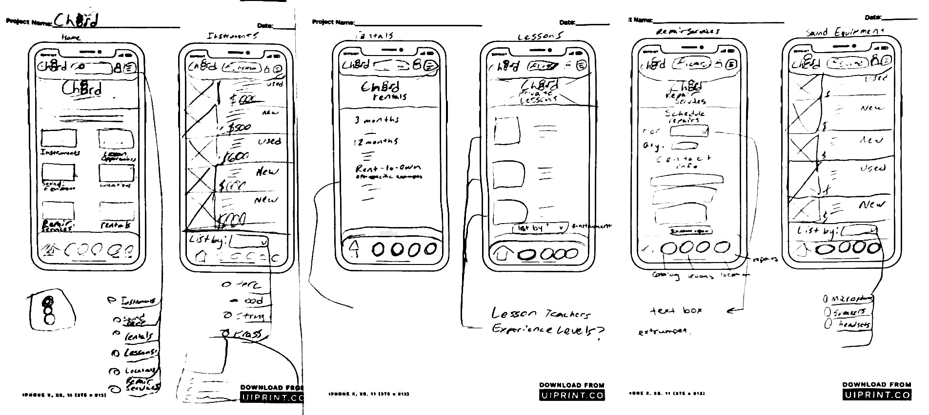 Low-fidelity wireframes for the Chord app